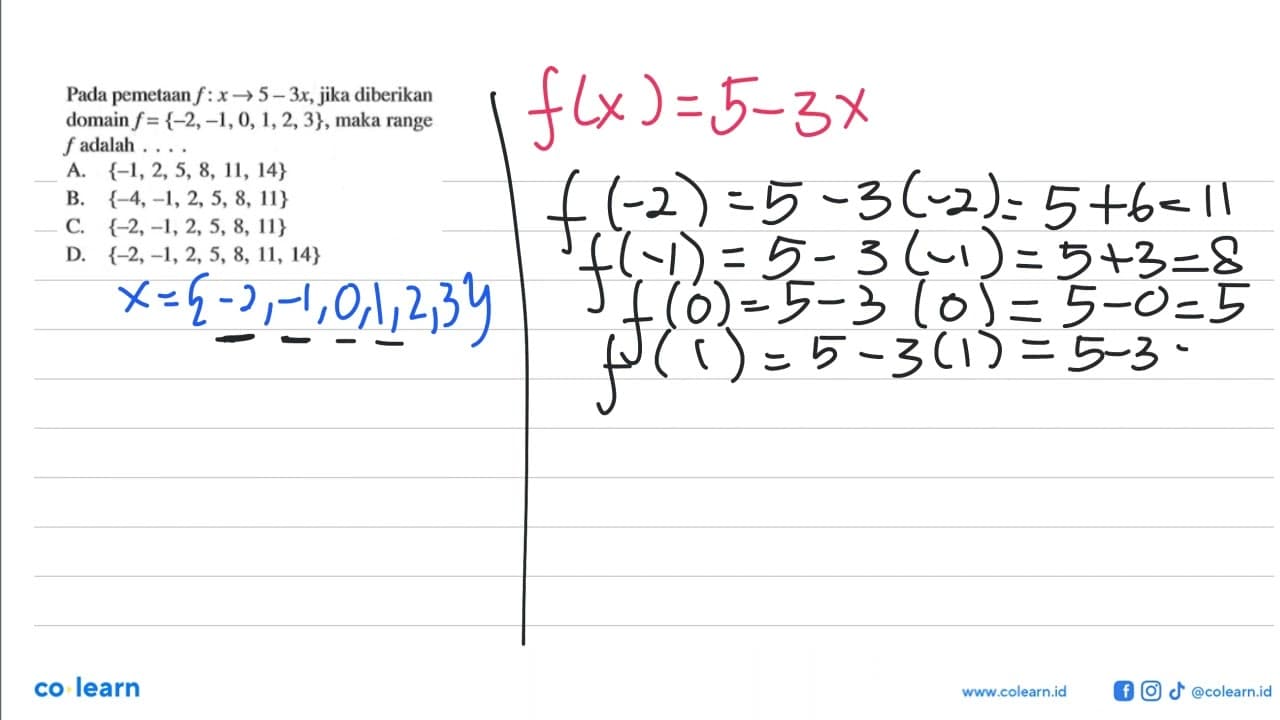 Pada pemetaan f : x -> 5 - 3x, jika diberikan domain f =