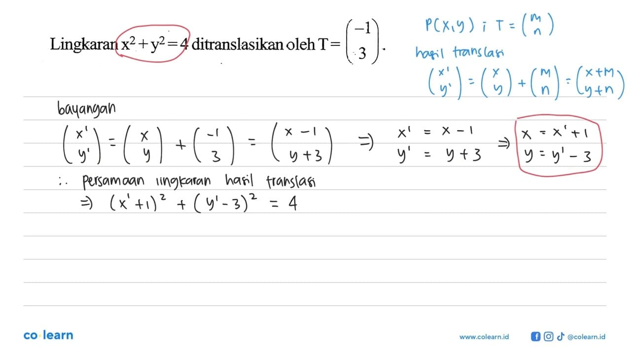 Lingkaran x^2 +y^2 =4 ditranslasikan oleh T= (-1 3)