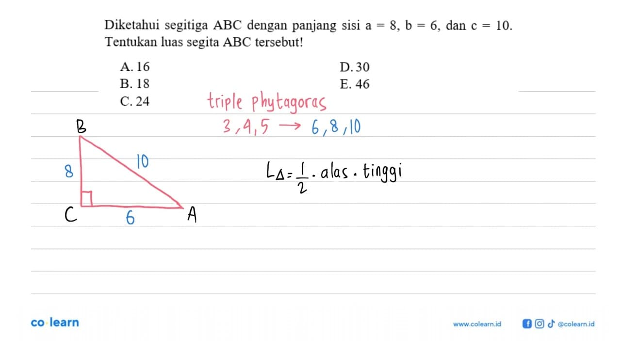 Diketahui segitiga ABC dengan panjang sisi a=8, b=6 , dan