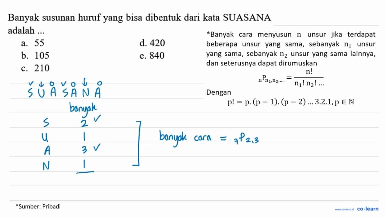 Banyak susunan huruf yang bisa dibentuk dari kata SUASANA