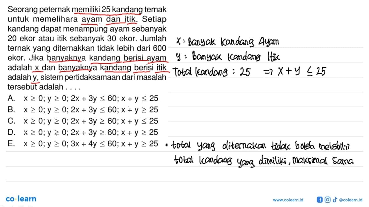 Seorang peternak memiliki 25 kandang ternak untuk