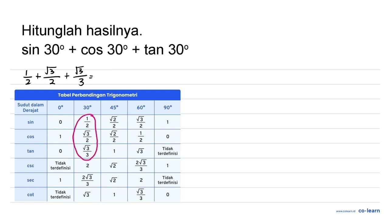 Hitunglah hasilnya. sin 30+cos 30+tan 30