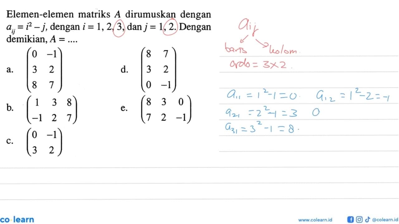 Elemen-elemen matriks A dirumuskan dengan aij= i^2-j,