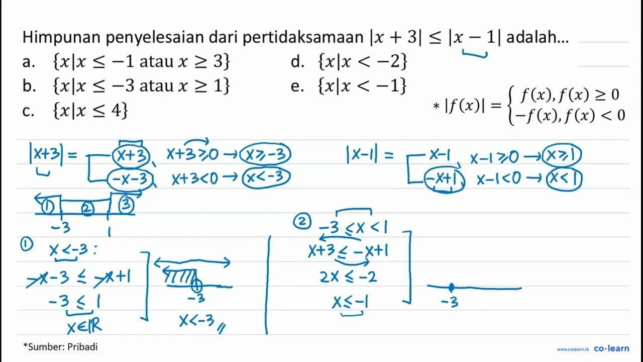 Himpunan penyelesaian dari pertidaksamaan |x+3| <=|x-1|