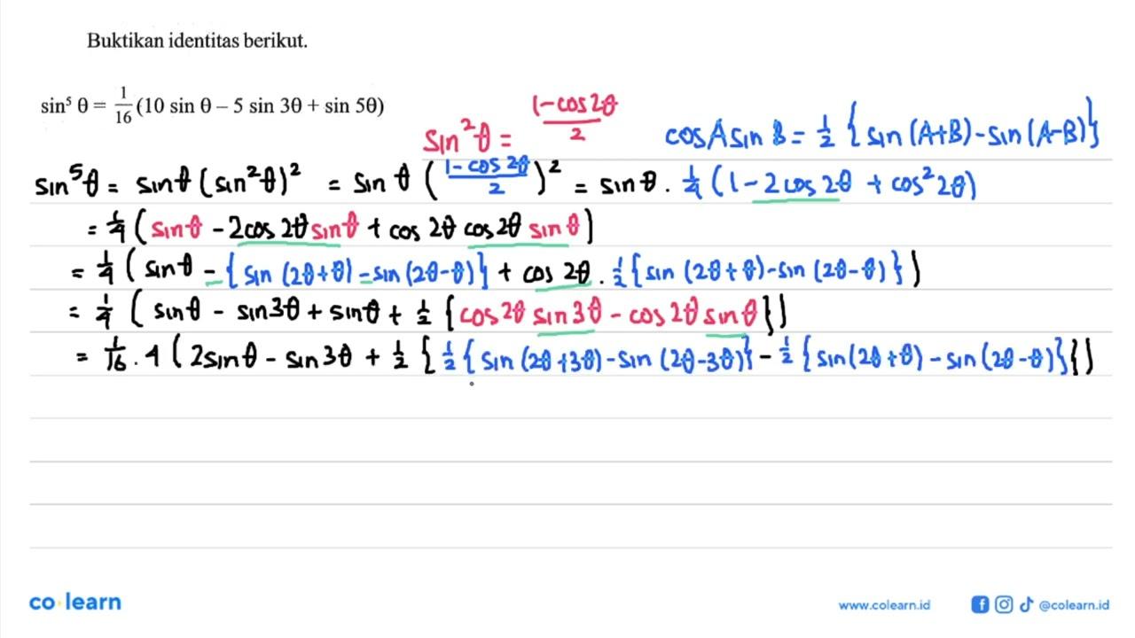 Buktikan identitas berikut. sin^5 theta=1/16(10sin