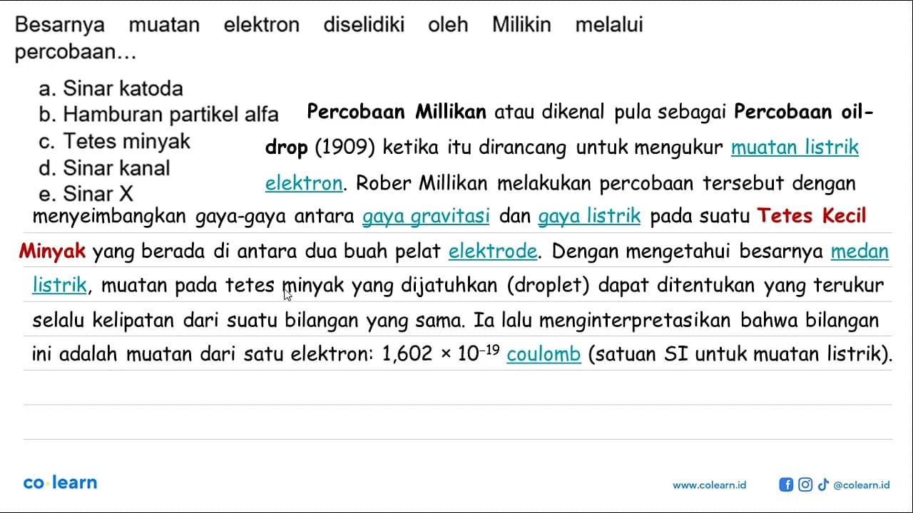 Besarnya muatan elektron diselidiki oleh Milikin melalui