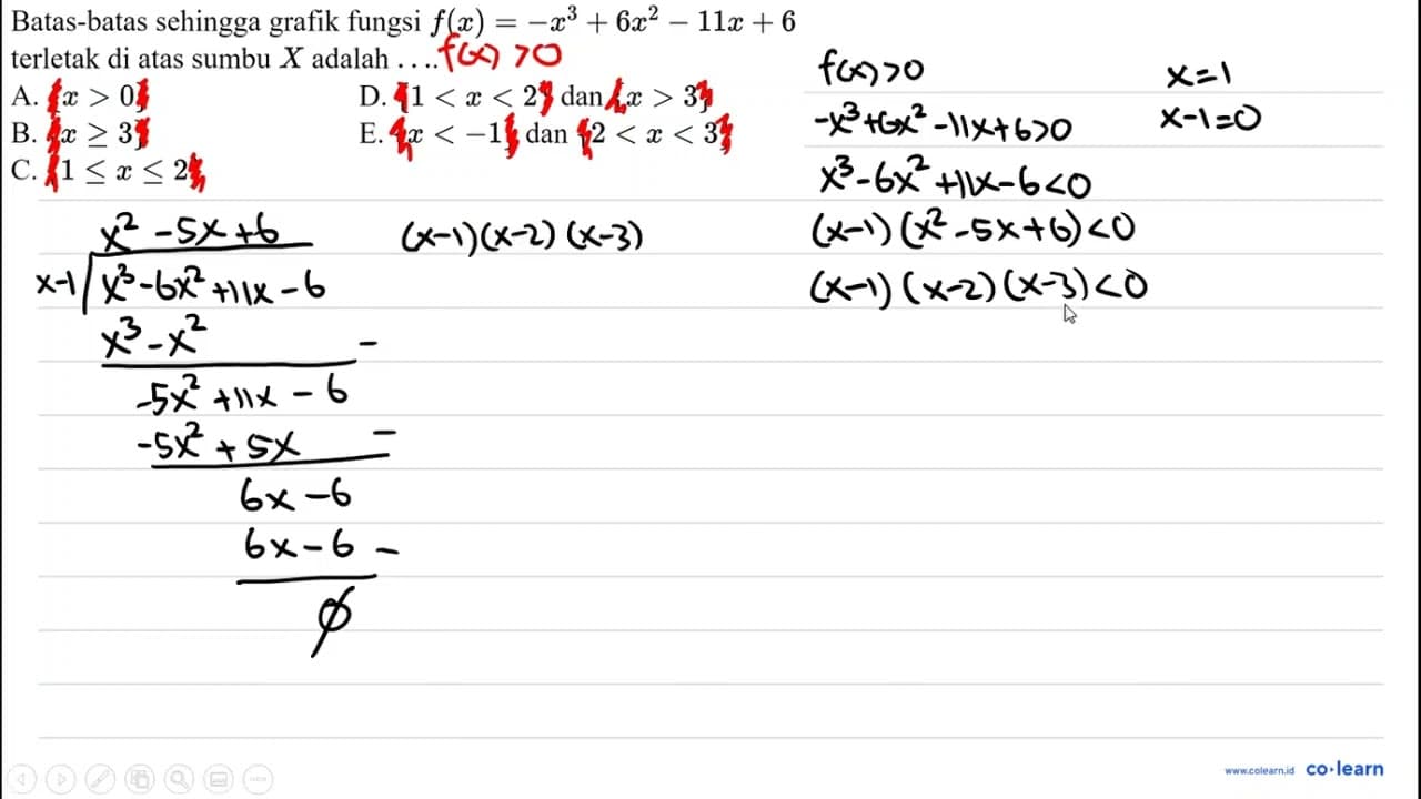 Batas-batas sehingga grafik fungsi f(x)=-x^(3)+6 x^(2)-11