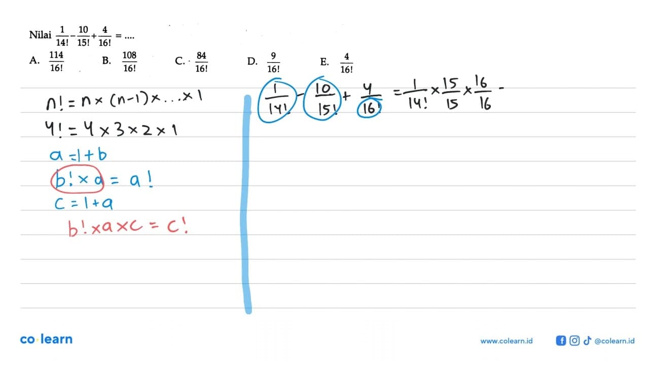 Nilai 1/14!-10/15!+4/16!=...