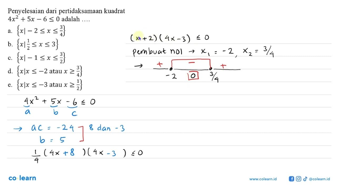 Penyelesaian dari pertidaksamaan kuadrat 4x^2+5x-6<=0