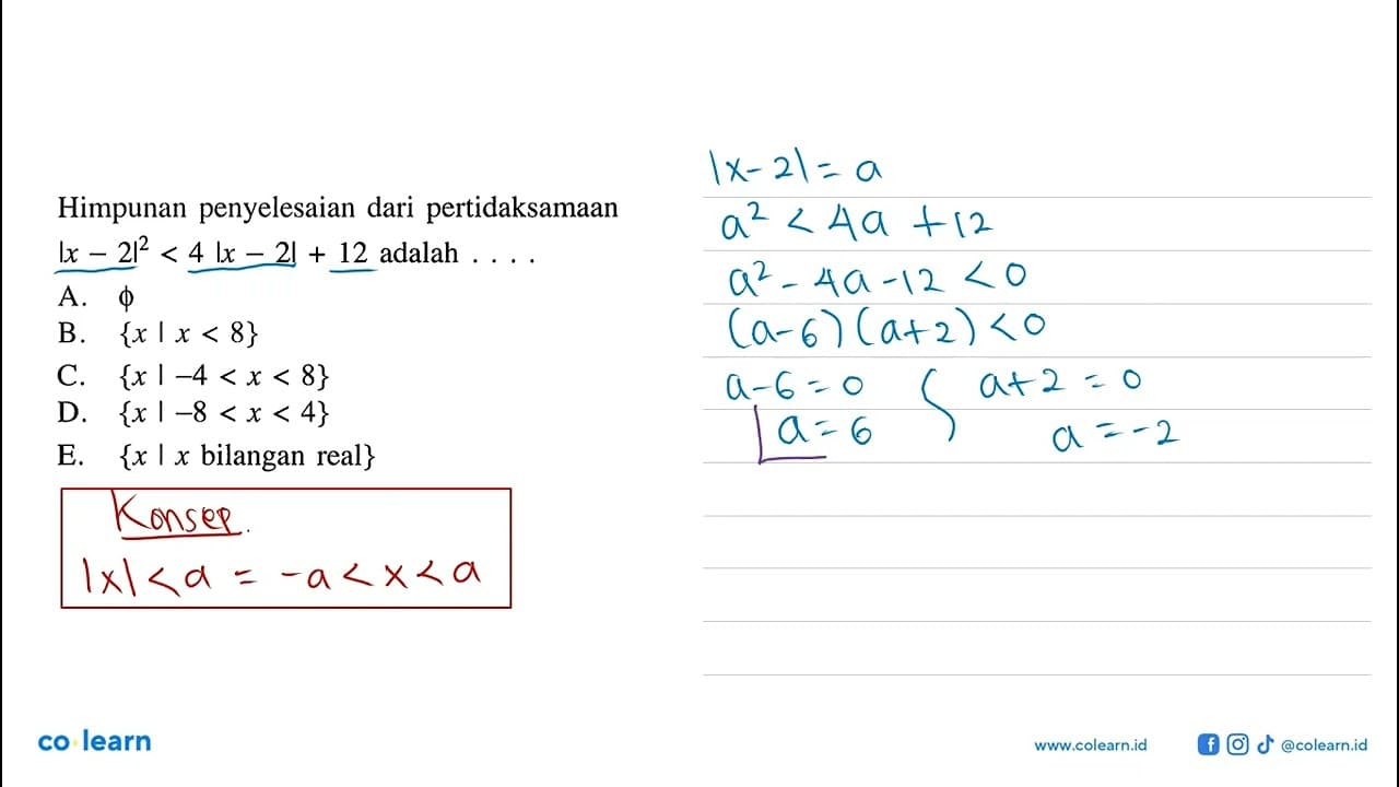 Himpunan penyelesaian dari pertidaksamaan |x-2|^2<4|x-2|+12