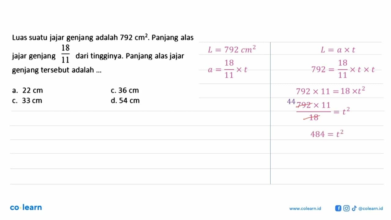 Luas suatu jajar genjang adalah 792 cm^2 . Panjang alas