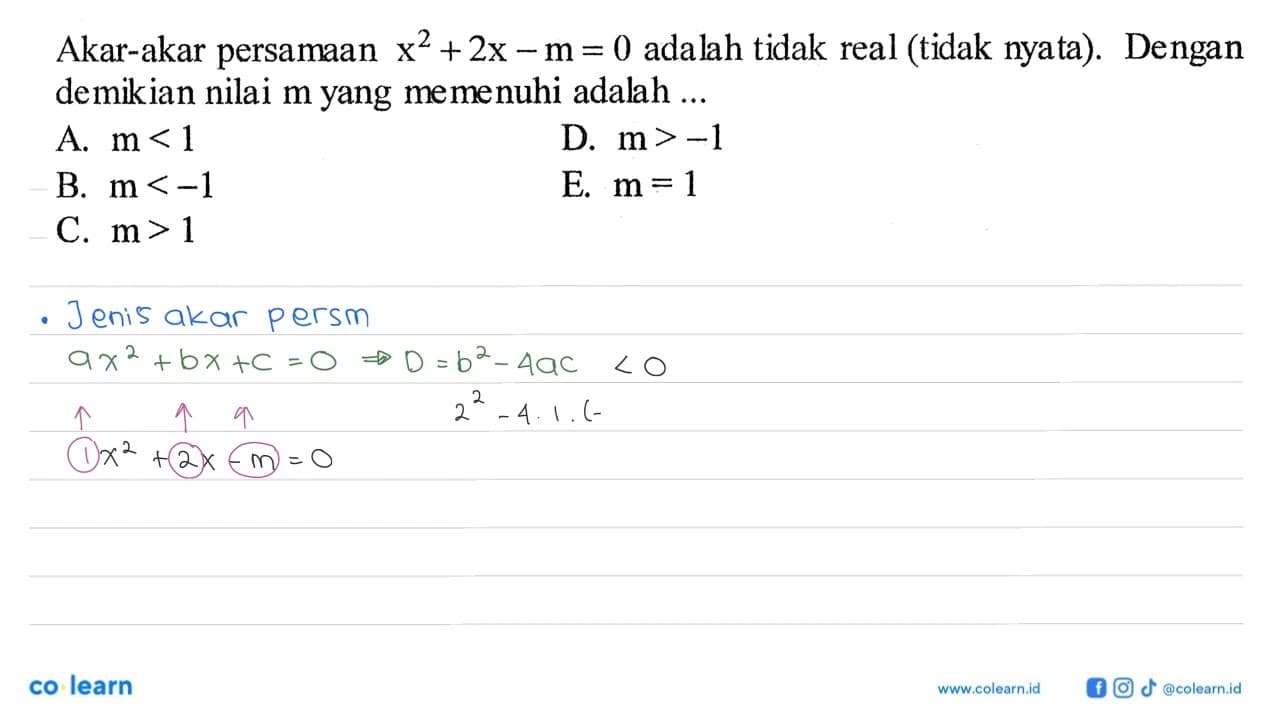 Akar-akar persamaan x^2+2x-m=0 adalah tidak real (tidak