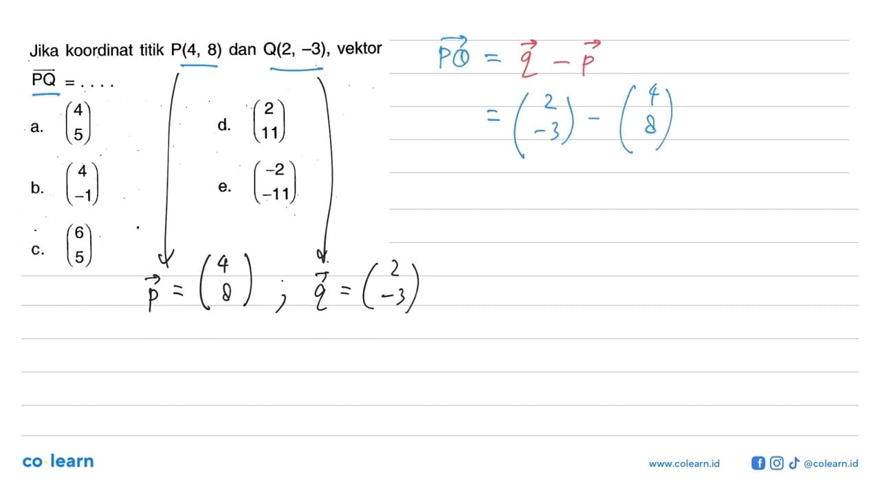 Jika koordinat titik P(4,8) dan Q(2,-3), vektor PQ= ...