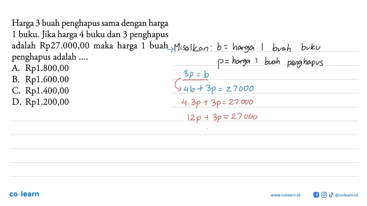 Harga 3 buah penghapus sama dengan harga 1 buku. Jika harga