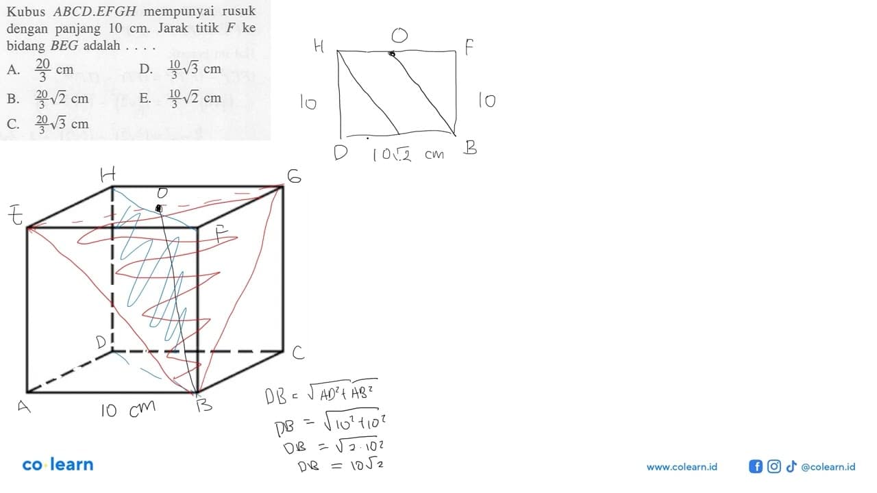 Kubus ABCD.EFGH mempunyai rusuk dengan panjang 10 cm. Jarak