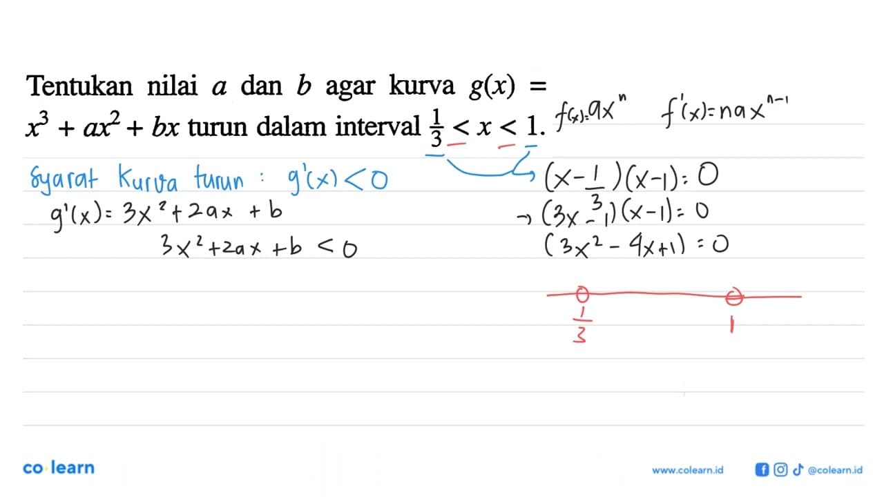 Tentukan nilai a dan b agar kurva g(x)=x^3+ax^2+bx turun