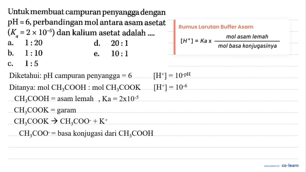 Untuk membuat campuran penyangga dengan pH=6 , perbandingan