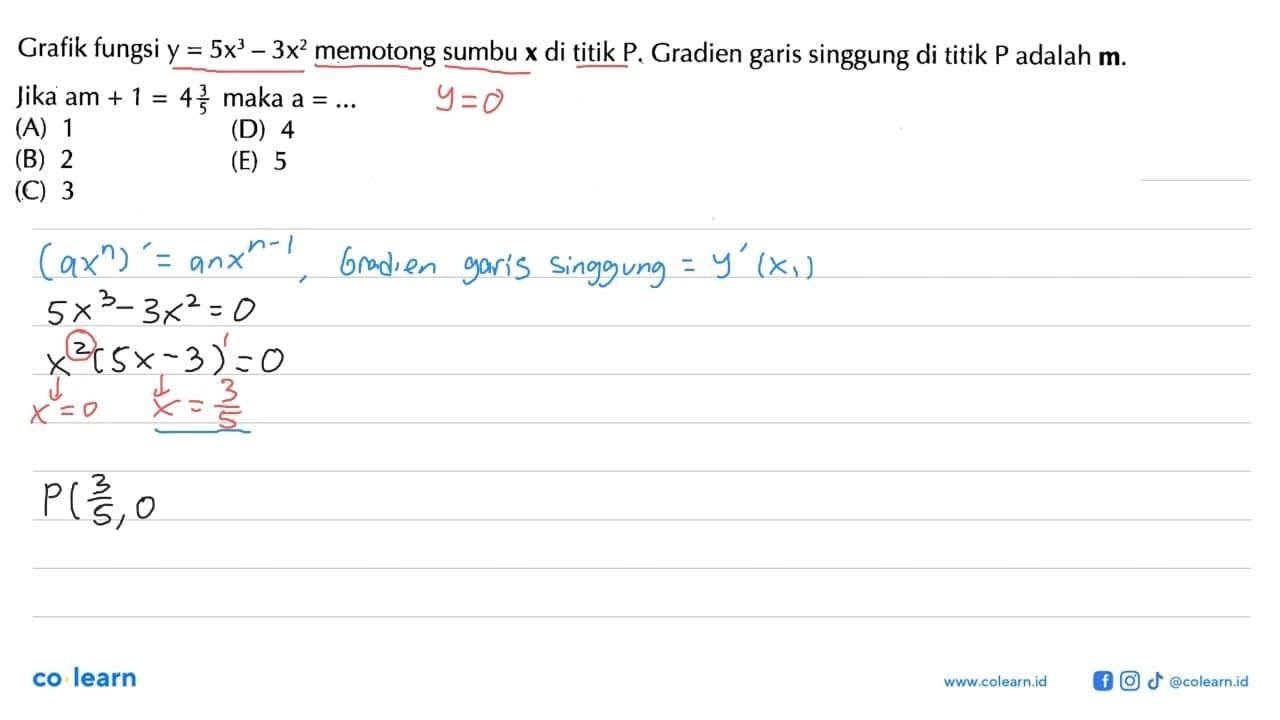 Grafik fungsi y=5 x^3-3 x^2 memotong sumbu x di titik P.