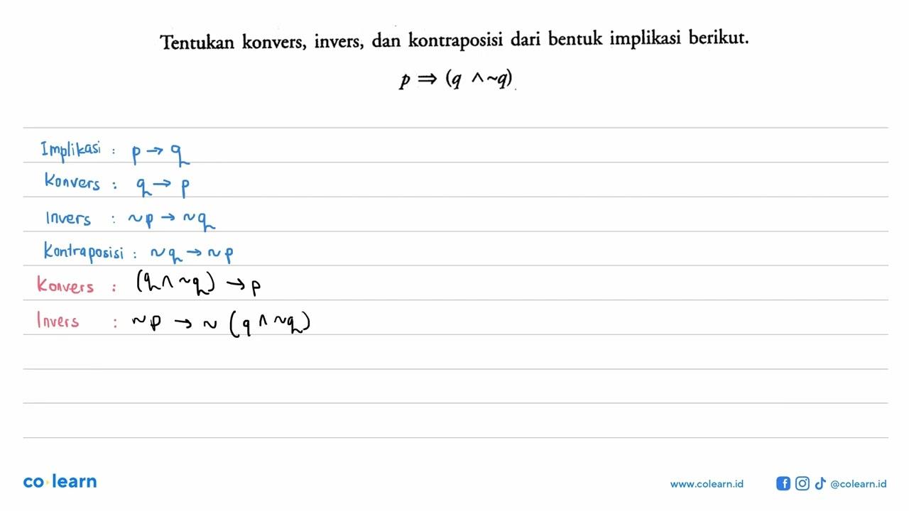 Tentukan konvers, invers, dan kontraposisi dari bentuk