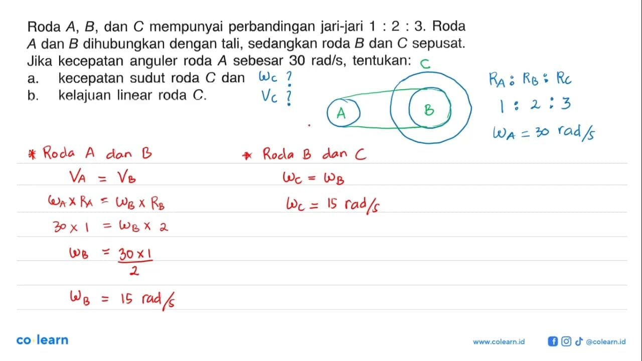 Roda A, B, dan C mempunyai perbandingan jari-jari 1:2:3.