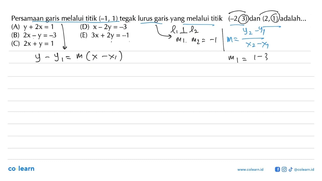 Persamaan melalui titik (-1, 1) tegak lurus garis yang