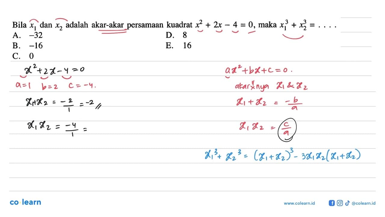 Bila x1 dan x2 adalah akar-akar persamaan kuadrat x^2 + 2x