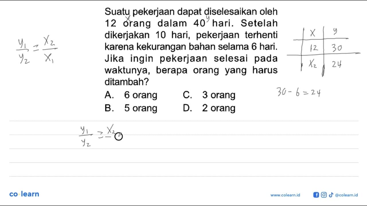 Suatu pekerjaan dapat diselesaikan oleh 12 orang dalam 40