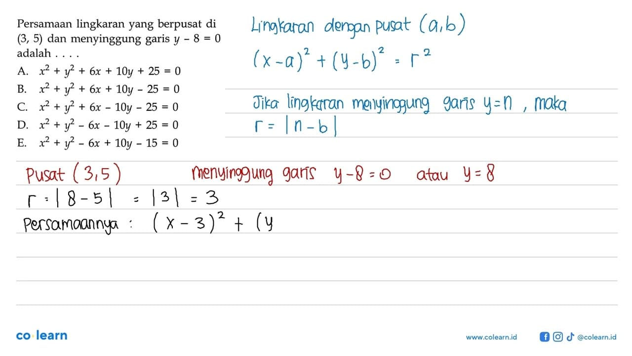 Persamaan lingkaran yang berpusat di (3,5) dan menyinggung