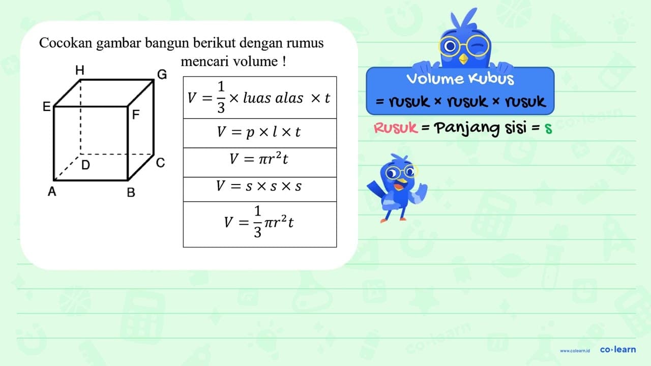 Cocokan gambar bangun berikut dengan rumus V=(1)/(3) x luas