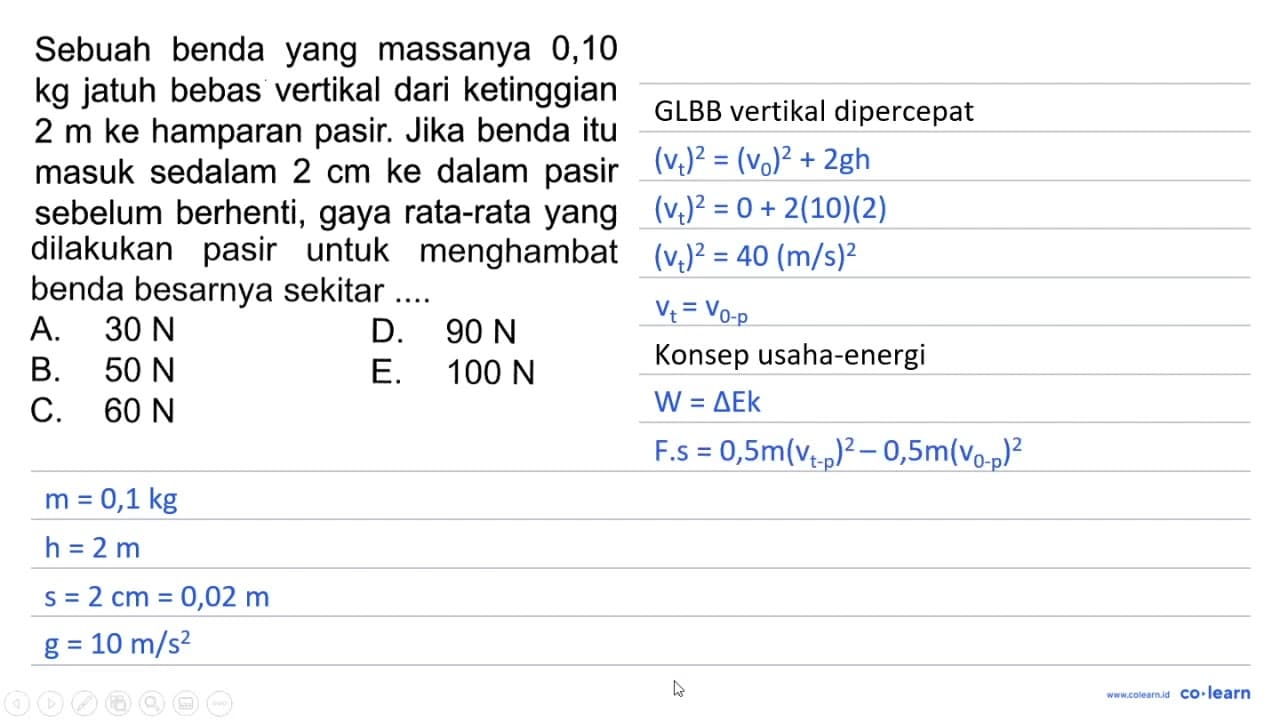 Sebuah benda yang massanya 0,10 kg jatuh bebas vertikal