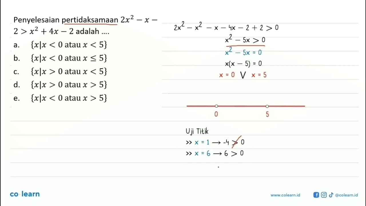 Penyelesaian pertidaksamaan 2x^2- x -2 > x^2 + 4x - 2