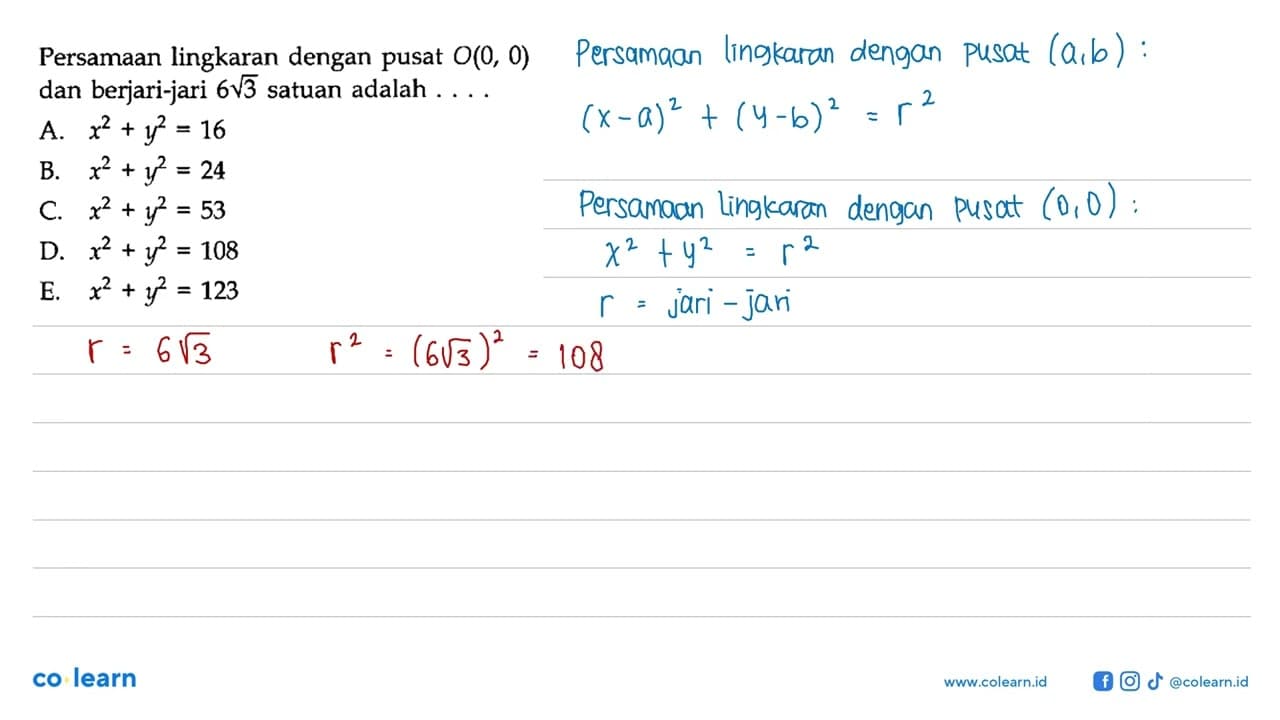 Persamaan lingkaran dengan pusat O(0,0) dan berjari-jari 6