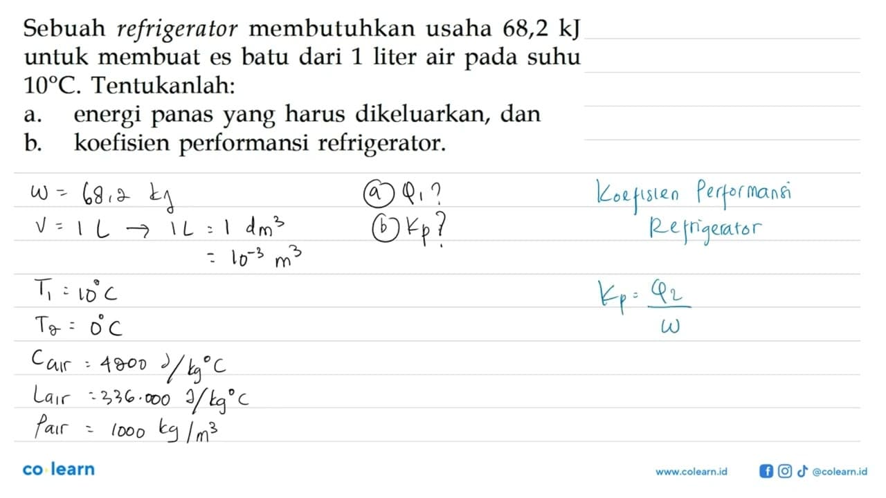 Sebuah refrigerator membutuhkan usaha 68,2 kJ untuk membuat