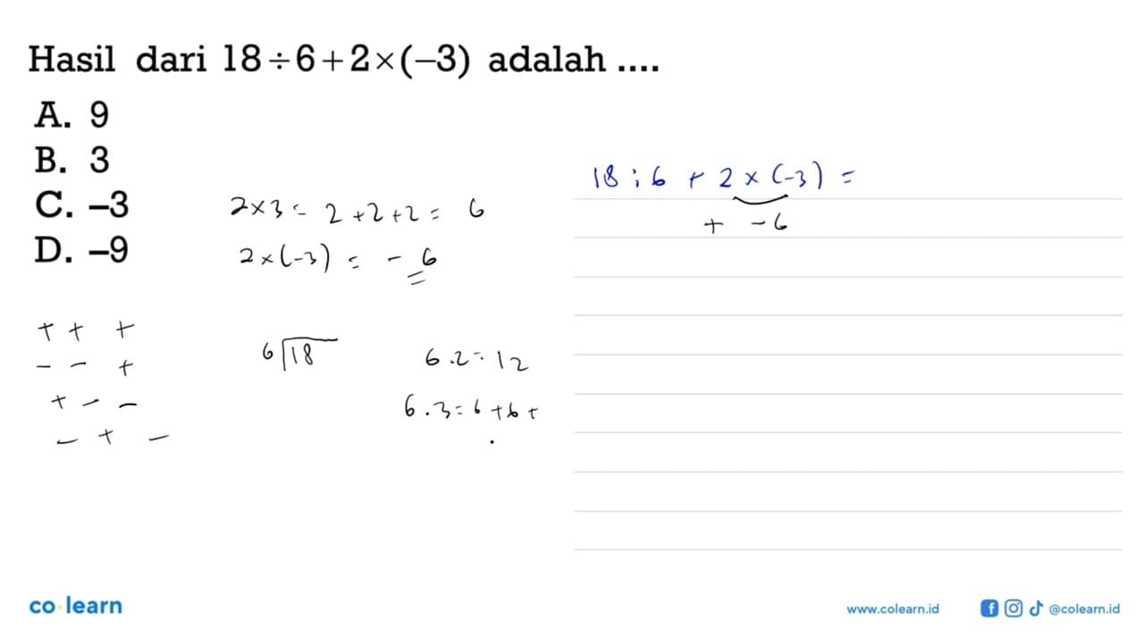 Hasil dari 18 / 6 + 2 x (-3) adalah ... A. 9 B. 3 C. -3 D.