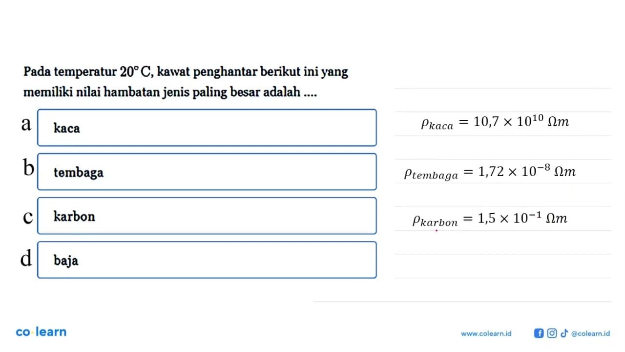 Pada temperatur 20 C, kawat penghantar berikut ini yang