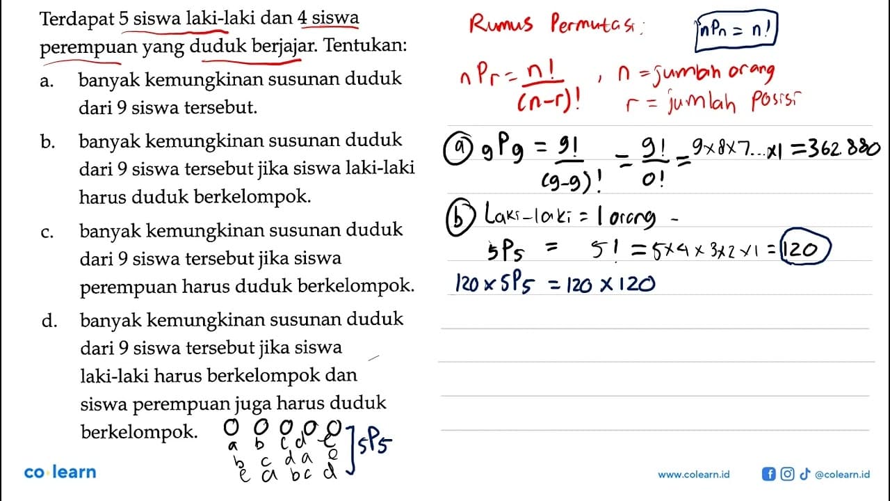 Terdapat 5 siswa laki-laki dan 4 siswa perempuan yang duduk