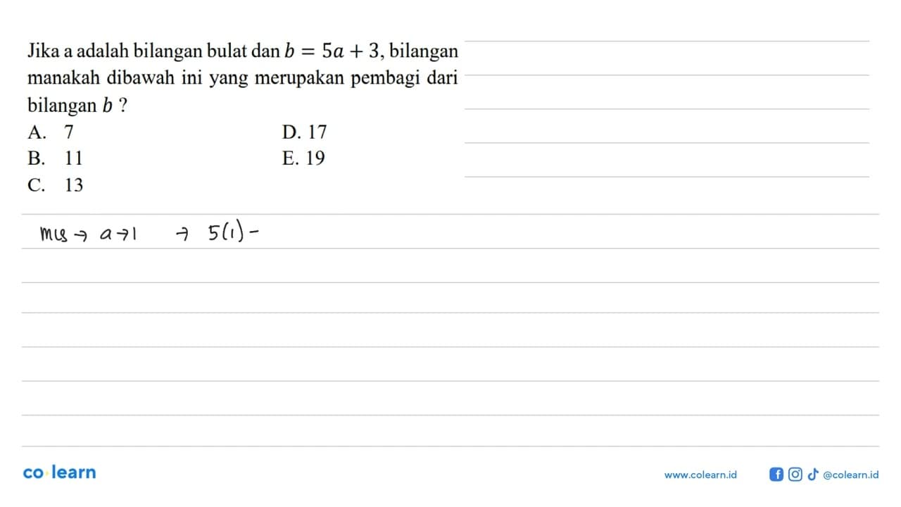 Jika a adalah bilangan bulat dan b = 5a + 3, bilangan