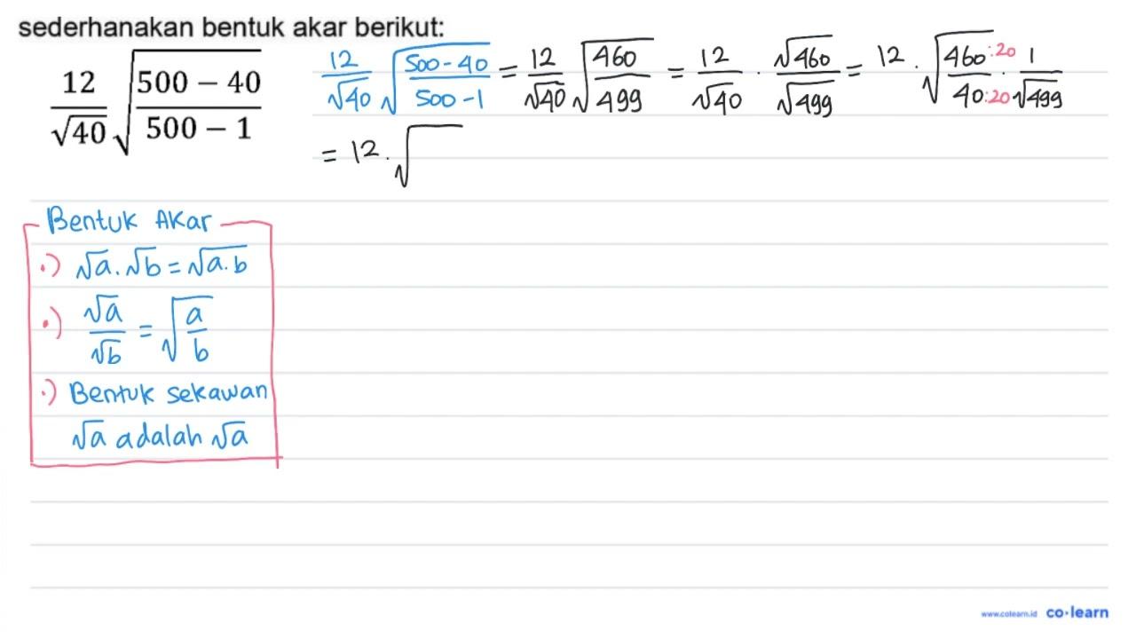 (12)/(akar(40)) akar((500-40)/(500-1))