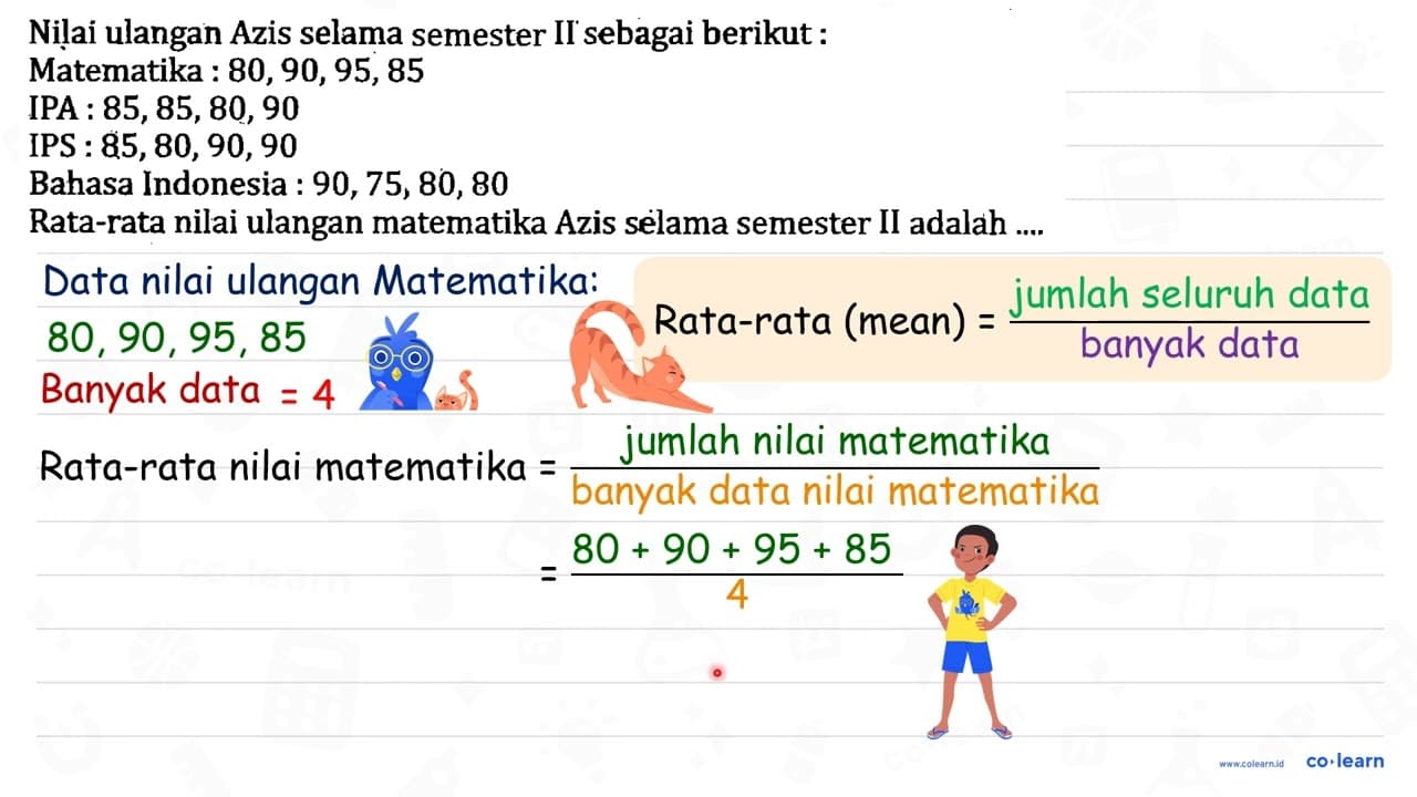 Nilai ulangan Azis selama semester II sebagai berikut :