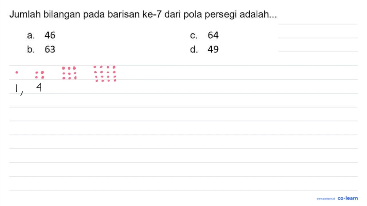 Jumlah bilangan pada barisan ke-7 dari pola persegi