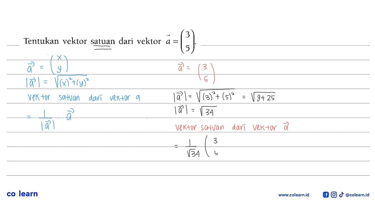 Tentukan vektor satuan dari vektor a=(3 5)