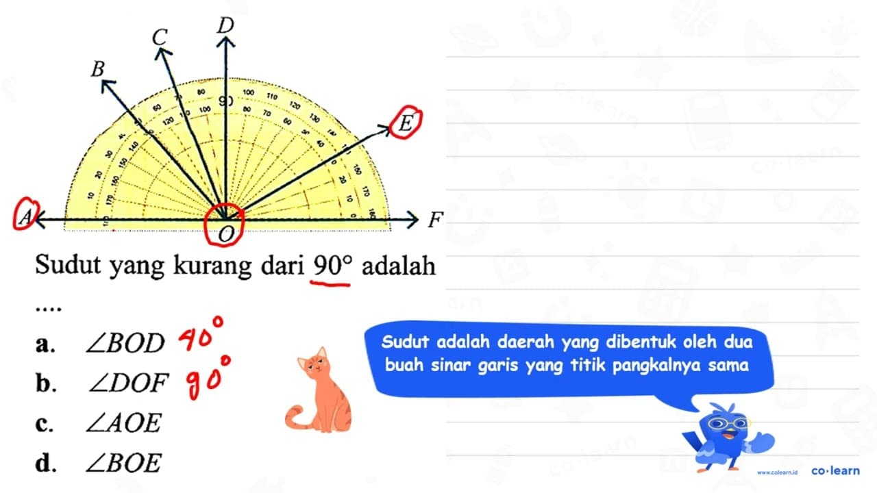 Sudut yang kurang dari 90 adalah a. sudut B O D b. sudut D