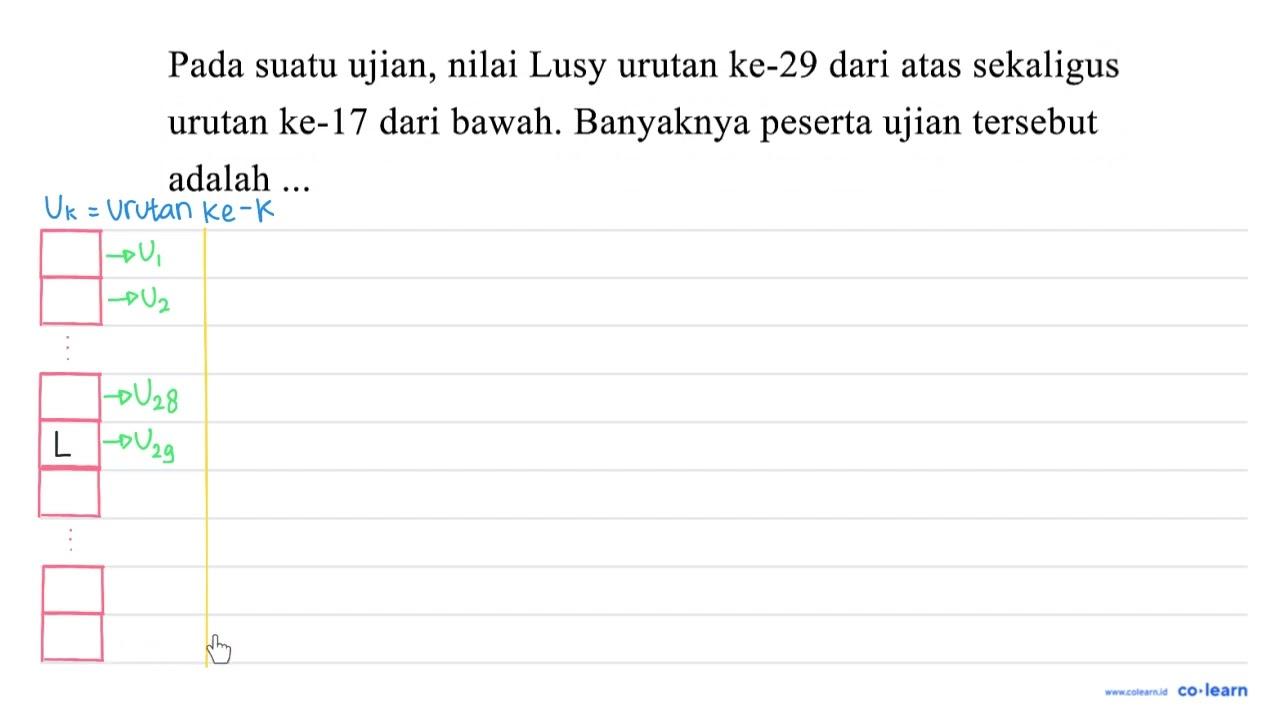 Pada suatu ujian, nilai Lusy urutan ke-29 dari atas