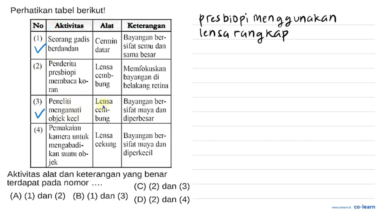 Perhatikan tabel berikut! No {1)/(|c|)/( Altivitas )