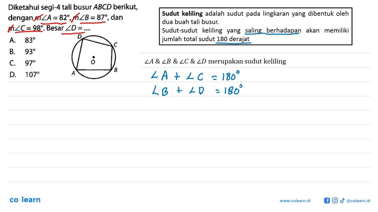 Diketahui segi-4 tali busur ABCD berikut, dengan m sudut