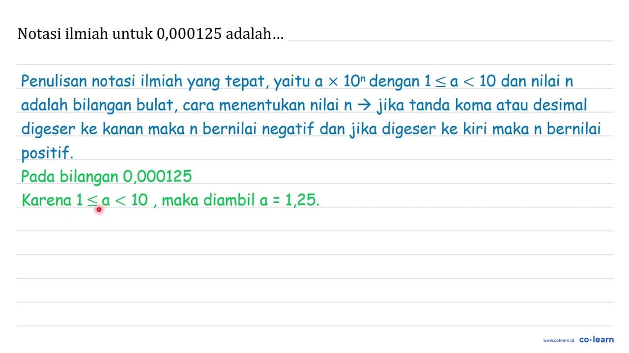 Notasi ilmiah untuk 0,000125 adalah...