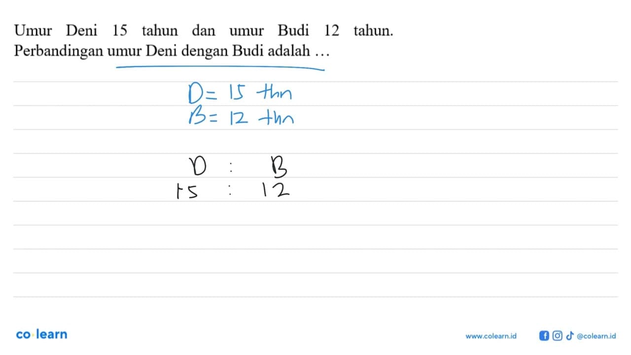 Umur Deni 15 tahun dan umur Budi 12 tahun. Perbandingan