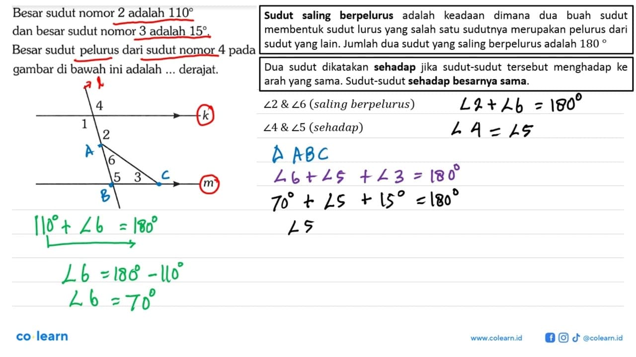 Besar sudut nomor 2 adalah 110 dan besar sudut nomor 3