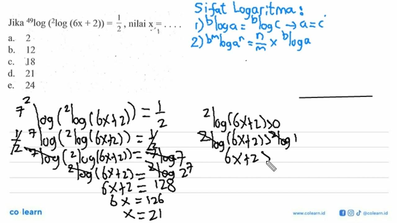 Jika 49log(2log (6x+2)) = 1/2 nilai X =