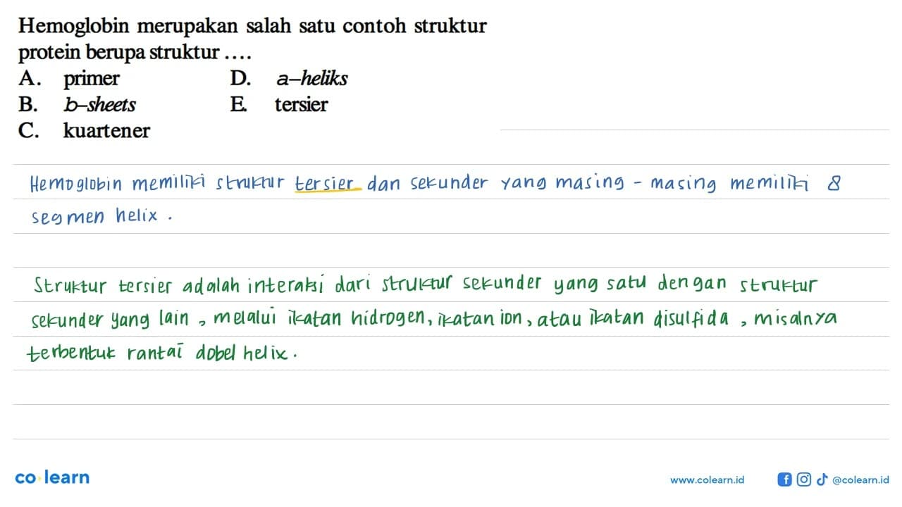 Hemoglobin merupakan salah satu contoh struktur protein